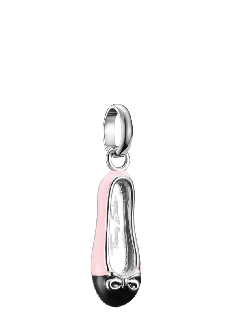 Charm di scarpette da balletto rosa e nere realizzato in argento sterling, con una finitura liscia, forma rotonda e un piccolo fiocco decorativo sulla punta.