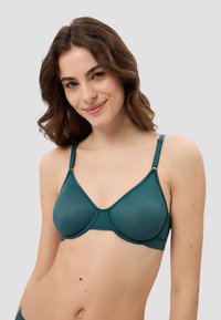 Türkisfarbener Unterwired-BH mit verstellbaren Trägern, glatter Textur und dreieckigen Cups mit dezenten Stitching-Akzenten.