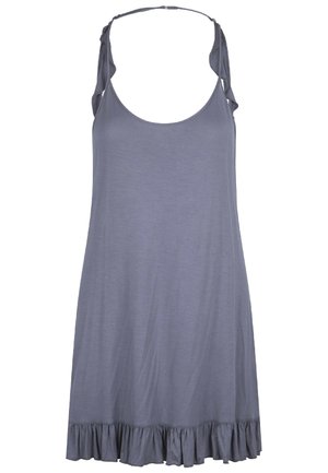 Graues ärmelloses Kleid mit rundem Ausschnitt, Volant-Saum und Bindebändern an den Trägern, aus weichem, leichtem Stoff.