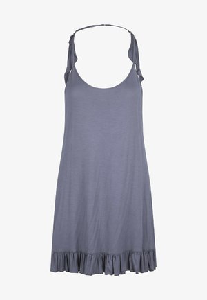 Abito grigio senza maniche con scollatura rotonda, orlo a balze e dettagli con fiocco sugli spallacci, realizzato in un tessuto morbido e leggero.