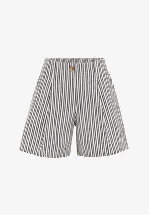 Pruhované šortky v šedej a bielej farbe, s gombíkovým zapínaním, skladaným dizajnom a dvoma prednými vreckami s hladkým povrchom.