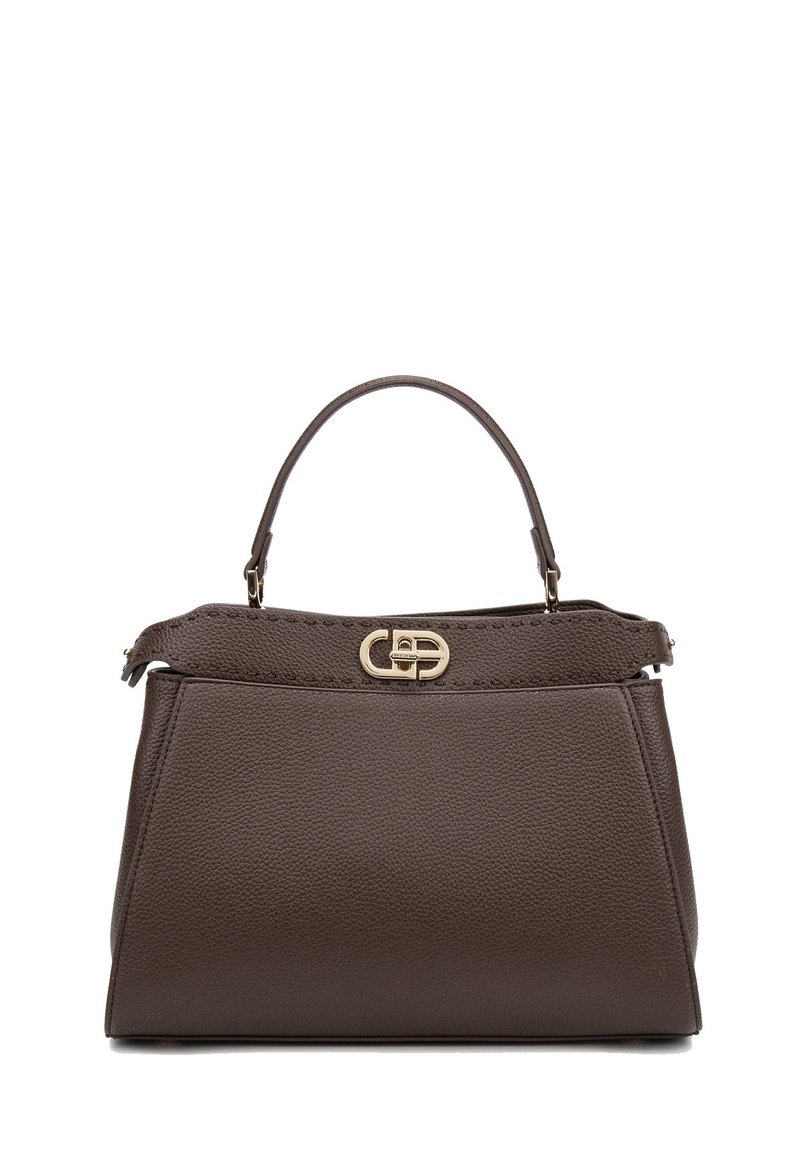 Borsa a mano in pelle marrone con una forma strutturata, manico superiore e hardware in tonalità oro. Presenta una finitura testurizzata e un dettaglio di chiusura anteriore.