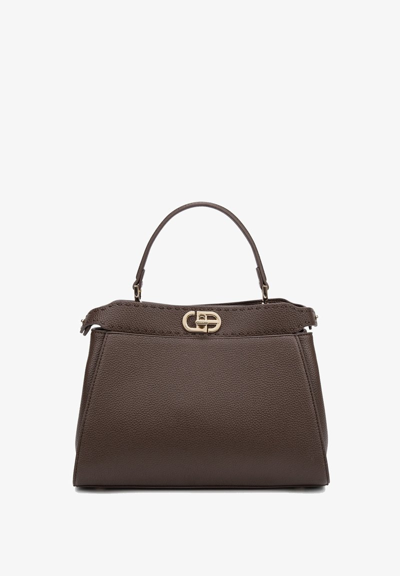 Borsa a mano in pelle marrone con una forma strutturata, manico superiore e hardware in tonalità oro. Presenta una finitura testurizzata e un dettaglio di chiusura anteriore.
