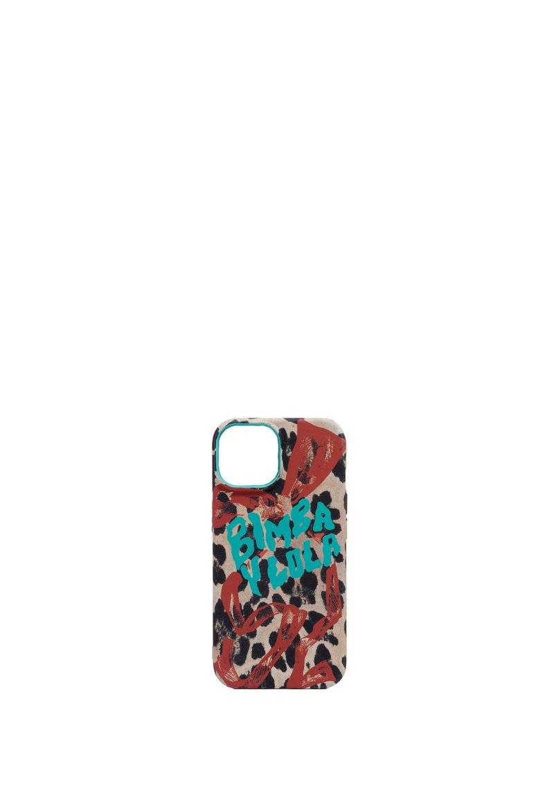 Funda de teléfono con un diseño de estampado de leopardo en tonos rojos y un texto audaz en turquesa que dice "BIMBA VILOLA". Textura suave y forma rectangular.