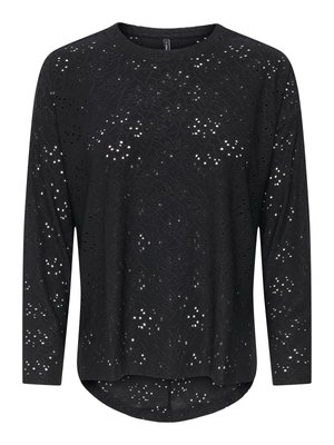 Czarna bluzka z długim rękawem z kwiatowym wzorem ażurowej koronki i zaokrąglonym dołem, z okrągłym dekoltem i lekkim materiałem.