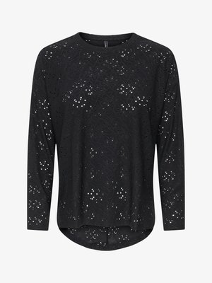 Zwarte blouse met lange mouwen, voorzien van een bloemmotief in opengewerkt kant en een afgeronde zoom, met een ronde halslijn en lichtgewicht stof.