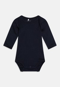 Body per neonati a maniche lunghe in cotone blu navy, con scollo rotondo e chiusure a pressione sul fondo per un facile cambio. Tessuto morbido.