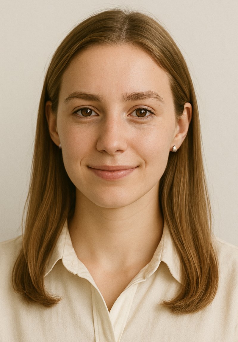 Ritratto di una persona con lunghi capelli castano chiaro e occhi marroni, che indossa una camicia color crema con colletto, dal tessuto liscio e piccoli orecchini.