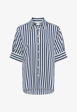 Kortærmet skjorte med knapper, der har lodrette navy og hvide striber, en klassisk krave og en lige kant. Glat stofstruktur.