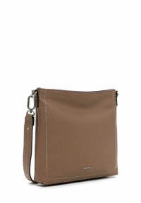 Brown leather crossbody bag with structured shape, white stitching accents, adjustable strap, and silver hardware detail at the side.