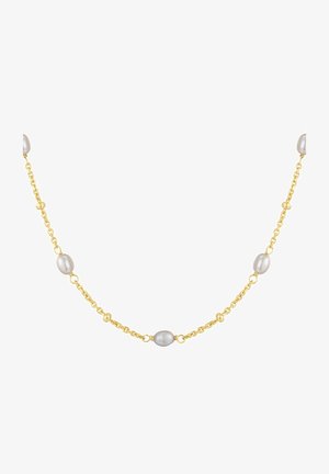 Guldtonet kædelinekæde med skiftevis blanke hvide perler og små guldfarvede accenter, med en oval form og en delikat tekstur.