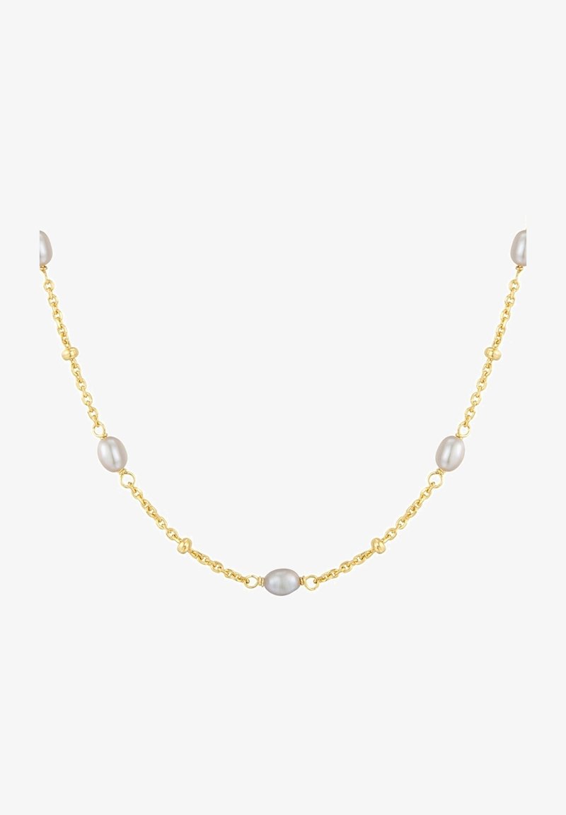 Kuldse tooni kettkaelakee, mis sisaldab vaheldumisi läikivaid valgeid pärleid ja väikeseid kuldsete aktsente, ovaalse kujuga ning delikaatse tekstuuriga.