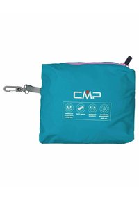 Blå CMP-påse med rosa dragkedja, klämma på sidan och ikoner som indikerar vattentåliga, tejpade sömmar, vindtåliga och andningsbara tygfunktioner.