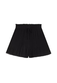Czarne spodenki z plisami, z elastycznym pasem i sznurkiem do wiązania. Lekki materiał o poziomej fakturze na całej powierzchni.