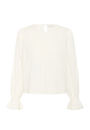 Blouse blanche à manches longues avec poignets à volants, bordure en dentelle le long des manches et à l'avant, et petite ouverture boutonnée au dos du col.