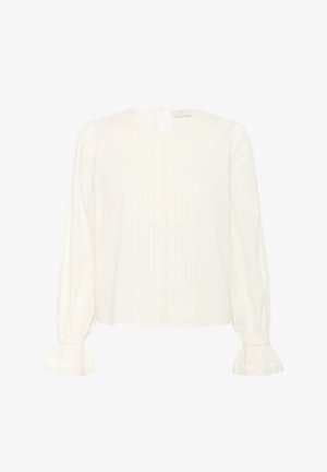 Blouse blanche à manches longues avec poignets à volants, bordure en dentelle le long des manches et à l'avant, et petite ouverture boutonnée au dos du col.