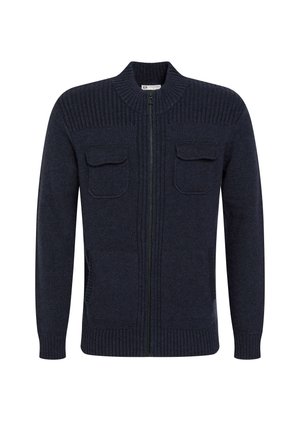 Cardigan a maglia navy con colletto alto, zip frontale, due tasche sul petto, polsini a costine e tasche laterali. Tessuto texturizzato.
