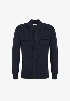 Marine gebreide cardigan met een hoge kraag, rits aan de voorkant, twee borstzakken, geribbelde manchetten en zijzakken. Textuurstof.