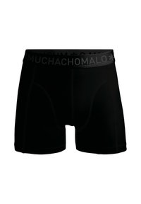 Schwarze Boxershorts aus dehnbarem Material; mit einem bequemen Bund, der den eingravierten Markennamen zeigt, und nahtlosem Design für zusätzlichen Komfort.