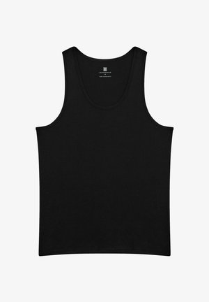 Black tank top made of cotton, featuring a round neckline and wide shoulder straps, with a smooth texture and no visible patterns or accents.