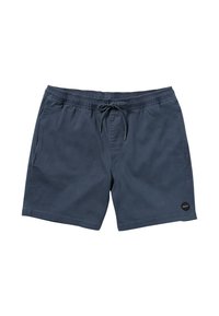 Shorts de bain bleu foncé en tissu léger, dotés d'une taille élastique avec cordon de serrage, et d'un patch logo circulaire sur l'ourlet.