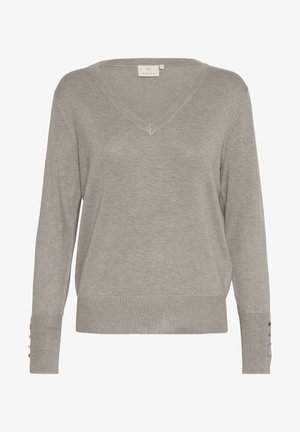 Szürke kötött pulóver V-kivágással és hosszú ujjakkal. Gombos díszítéssel a mandzsettákon és laza fazonnal rendelkezik. Puha anyagból készült.