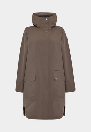 Brown waterproof coat with a hood, snap buttons, two front pockets, and side slits for ease of movement. Smooth texture, mid-length design.