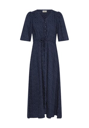 Vestido midi azul marino con lunares blancos, escote en V, botones frontales, mangas cortas abullonadas y cinturón anudado en la cintura.