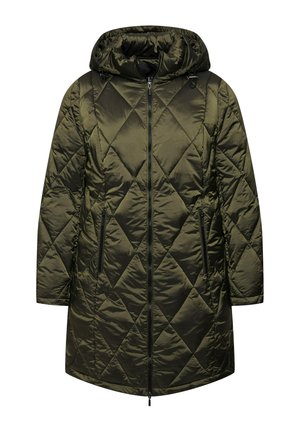 Gequilted olijfgroene lange jas, voorzien van een capuchon, een voorrits en twee zijzakken met rits. Gemaakt van een gladde, glanzende stof met een ruitpatroon.