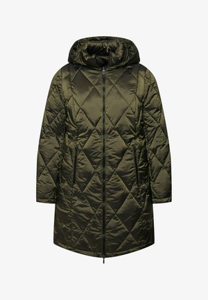 Quiltet olivengrøn lang frakke med hætte, frontlynlås og to sidelommer med lynlås. Lavet af et glat, skinnende materiale med diamantmønster.