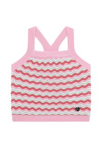 Knitted sports bralette in pink, white, and red wave pattern. Features wide straps and ribbed trim. Small black heart logo on the front.