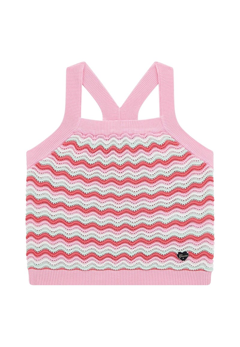 Knitted sports bralette in pink, white, and red wave pattern. Features wide straps and ribbed trim. Small black heart logo on the front.