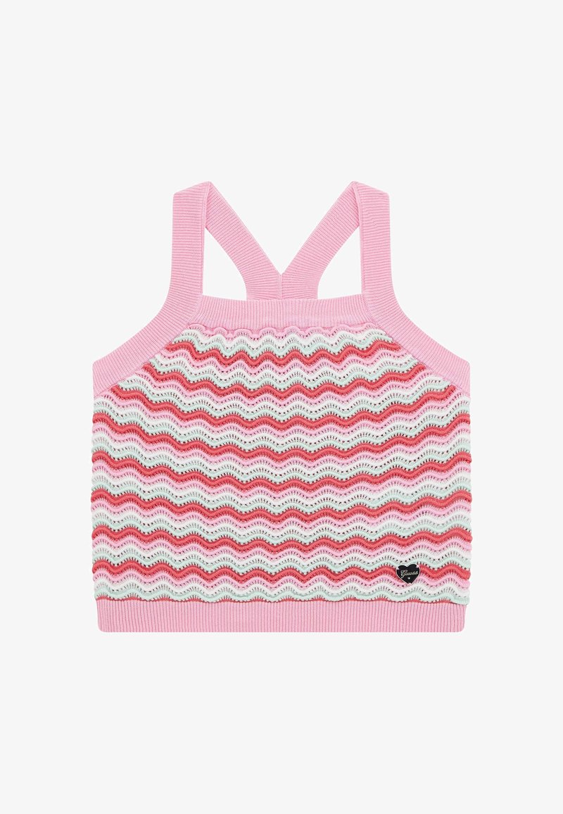 Knitted sports bralette in pink, white, and red wave pattern. Features wide straps and ribbed trim. Small black heart logo on the front.