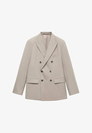 Double-breasted beige blazer made of smooth fabric, featuring notched lapels, two front pockets, and six dark buttons.