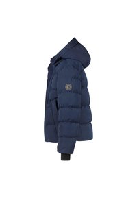 Marineblauwe gewatteerde jas met capuchon, met een gestikte textuur, ritssluiting aan de voorkant en ribgebreide manchetten; heeft een rond logo op de linker mouw.