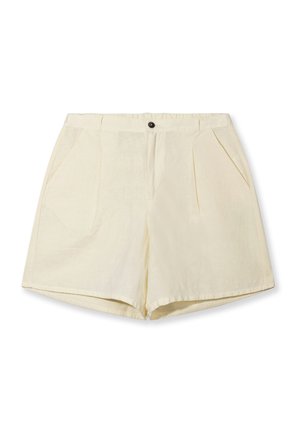 Short color crema a vita alta con pieghe frontali, tasche laterali, chiusura con bottone e passanti per cintura su sfondo bianco.