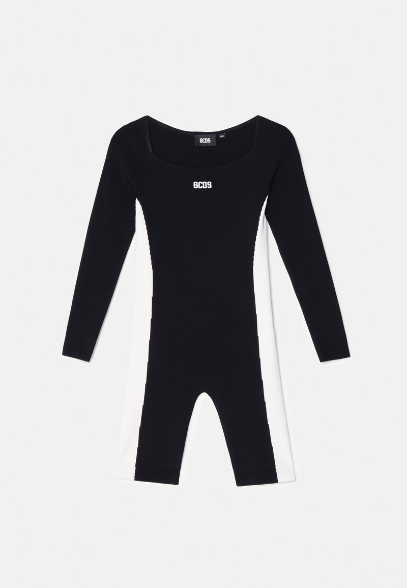 Black and white long-sleeve jumpsuit with a square neckline, fitted design, featuring a logo on the chest and contrasting side panels.