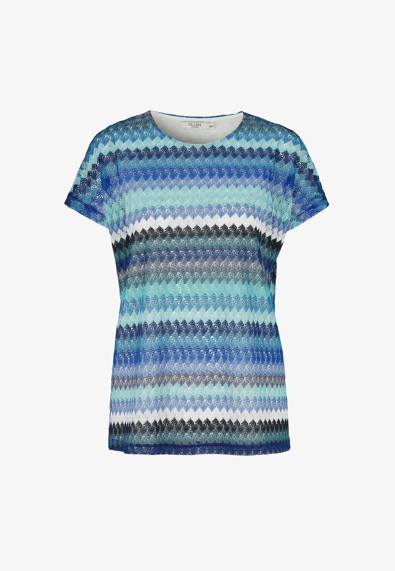 Kortærmet skjorte med et zigzag-mønster i varierende nuancer af blå, sort og hvid. Lavet af letvægts tekstureret stof.