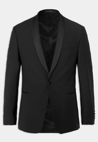 Zwarte smokingjacket van gladde stof, met een satijnen sjalkraag, een enkele knopsluiting en twee zijzakken.