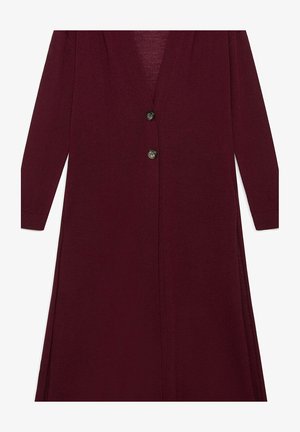 Cardigan lungo color bordeaux realizzato in tessuto morbido, con maniche lunghe, scollo a V e due bottoni sul davanti per la chiusura.