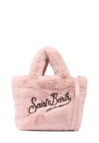 Roze nep bont tote bag met dubbele handvatten, voorzien van "Saint Barth" geborduurd in bruine schrift en een afneembare schouderriem.