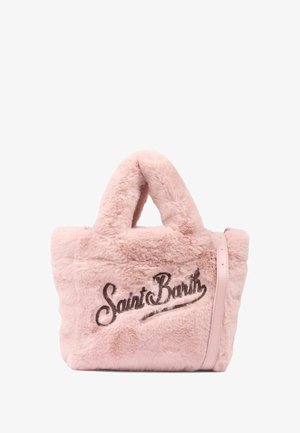 Borsa tote in pelliccia sintetica rosa con doppi manici, caratterizzata dalla scritta "Saint Barth" ricamata in marrone e una tracolla rimovibile.