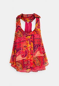 Top sem mangas multicolorido com um padrão de paisley e flores em tons de vermelho, rosa, amarelo e roxo; tecido leve com corte solto.