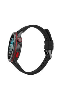 Black and red sports smartwatch with digital display showing water resistance, GPS, and AMOLED features, and a flexible silicone strap.