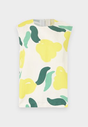 Ærmeløs hvid kjole med rund hals og store abstrakte blomster i gult, mørkegrønt og lysegrønt.