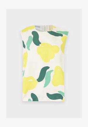 Ærmeløs hvid kjole med rund hals og store abstrakte blomster i gult, mørkegrønt og lysegrønt.