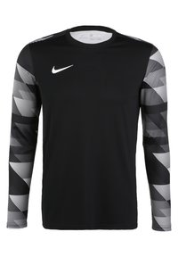 Maglietta sportiva nera a maniche lunghe realizzata in tessuto jersey, con motivi geometrici bianchi sulle maniche e un piccolo logo bianco sul petto.