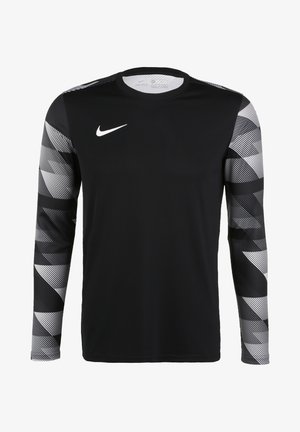 Langärmliges, schwarzes Sportshirt aus Jersey-Stoff, mit geometrischen weißen Mustern an den Ärmeln und einem kleinen weißen Logo auf der Brust.