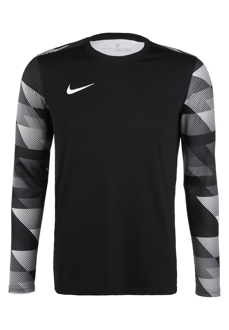 Maglietta sportiva nera a maniche lunghe realizzata in tessuto jersey, con motivi geometrici bianchi sulle maniche e un piccolo logo bianco sul petto.