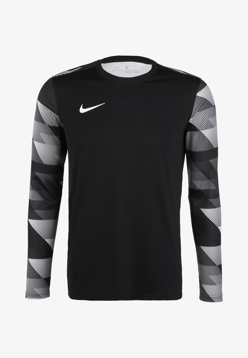 Maglietta sportiva nera a maniche lunghe realizzata in tessuto jersey, con motivi geometrici bianchi sulle maniche e un piccolo logo bianco sul petto.